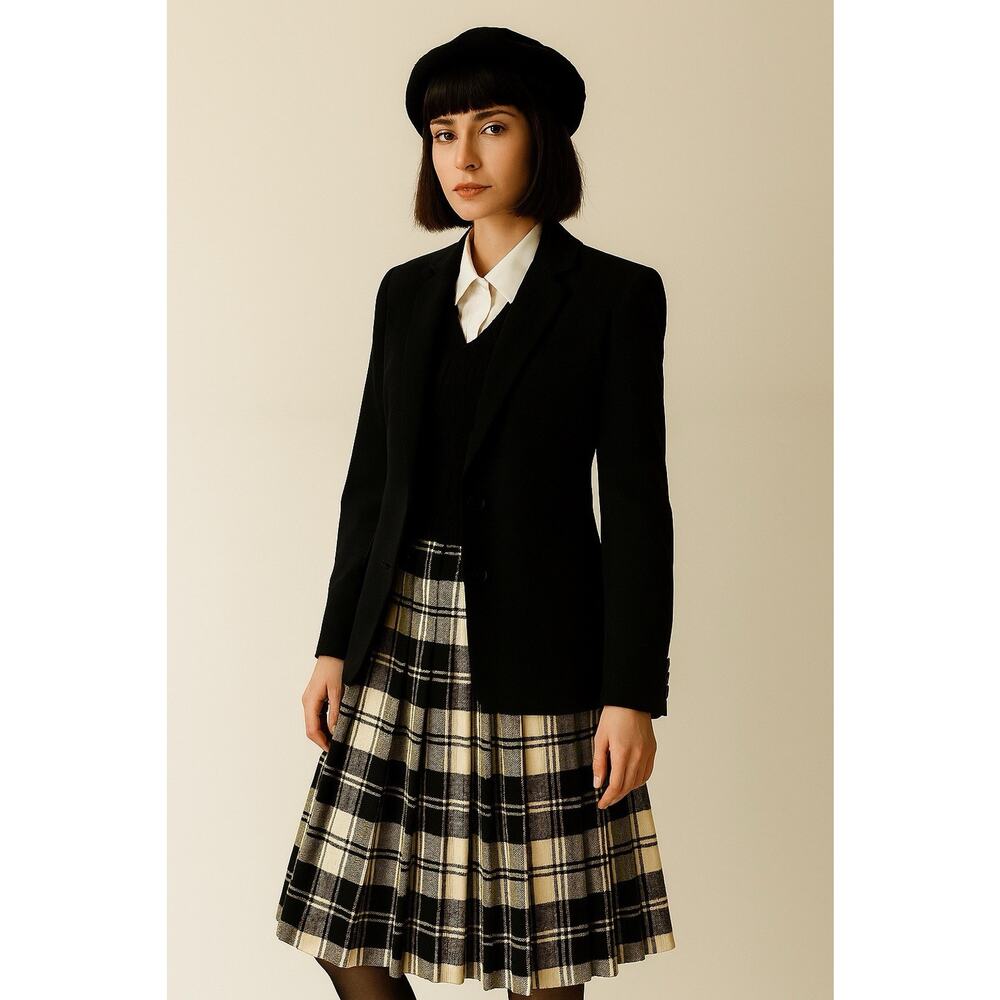 Hudsons Bay Co Wool Skirt Tartan Plaid Pleated Made In England Cream Black 28x30